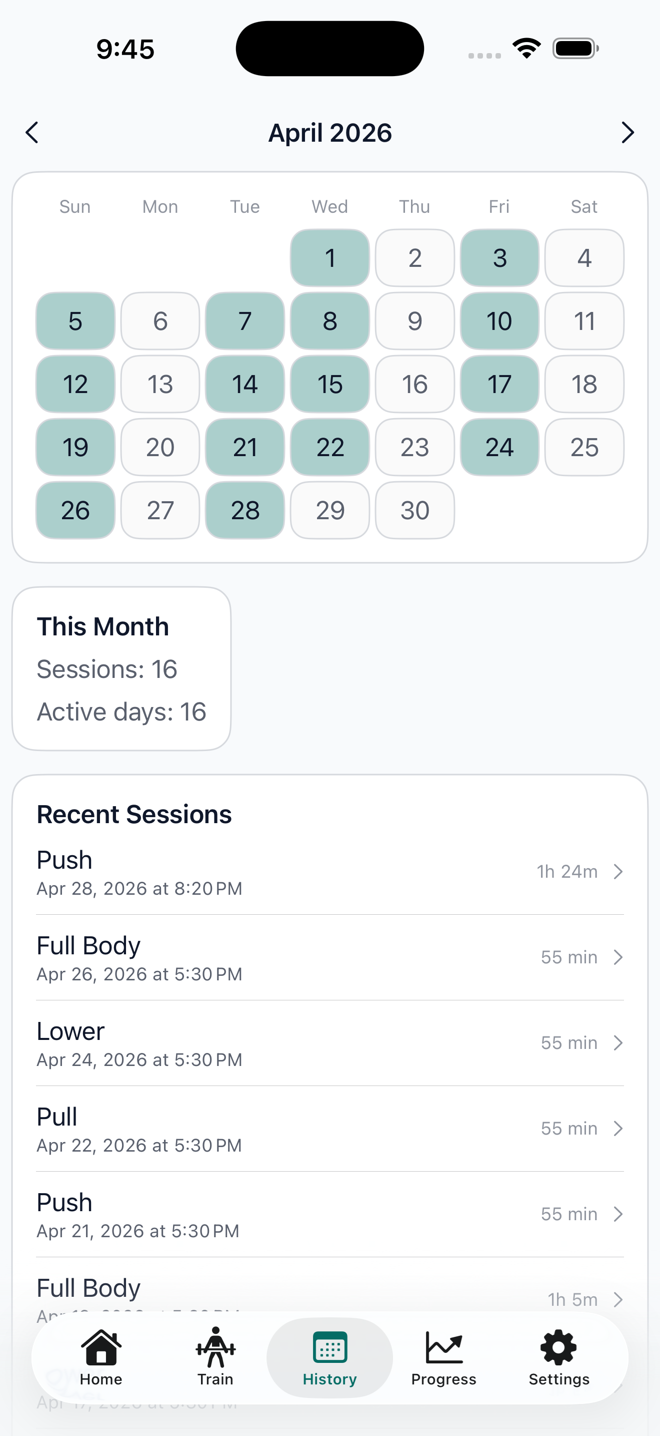 History — monthly calendar of completed sessions