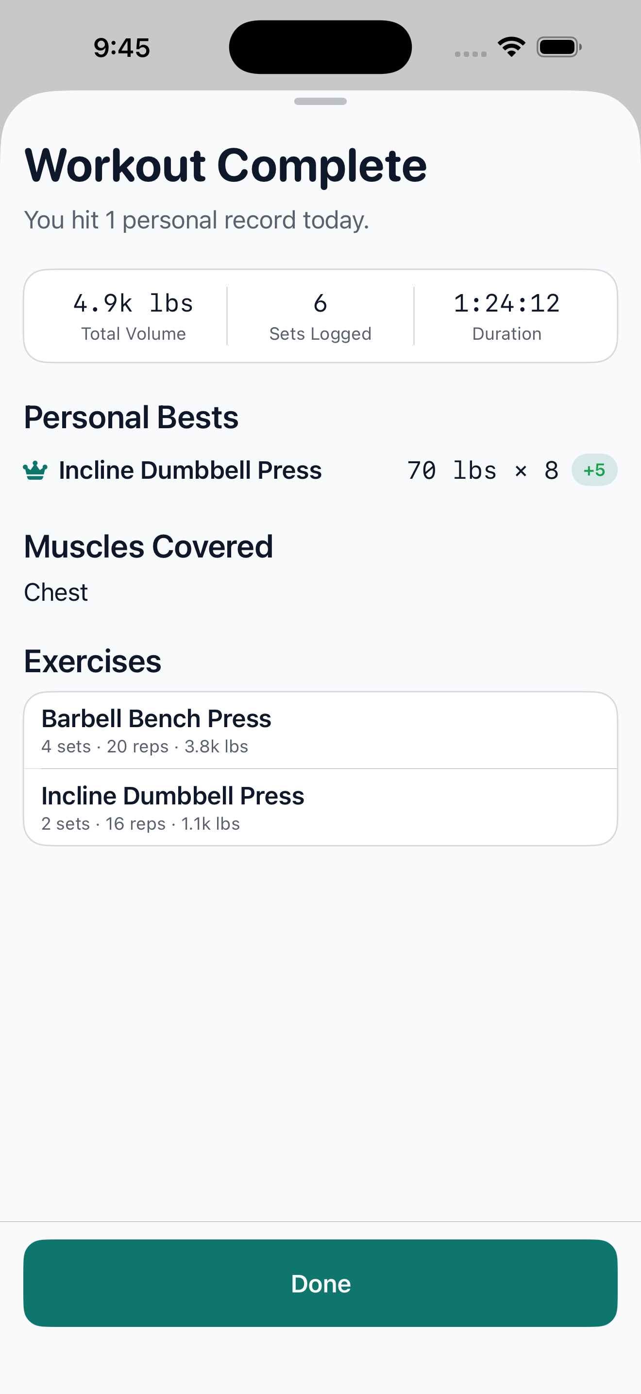 PR History — post-workout summary with personal best badge