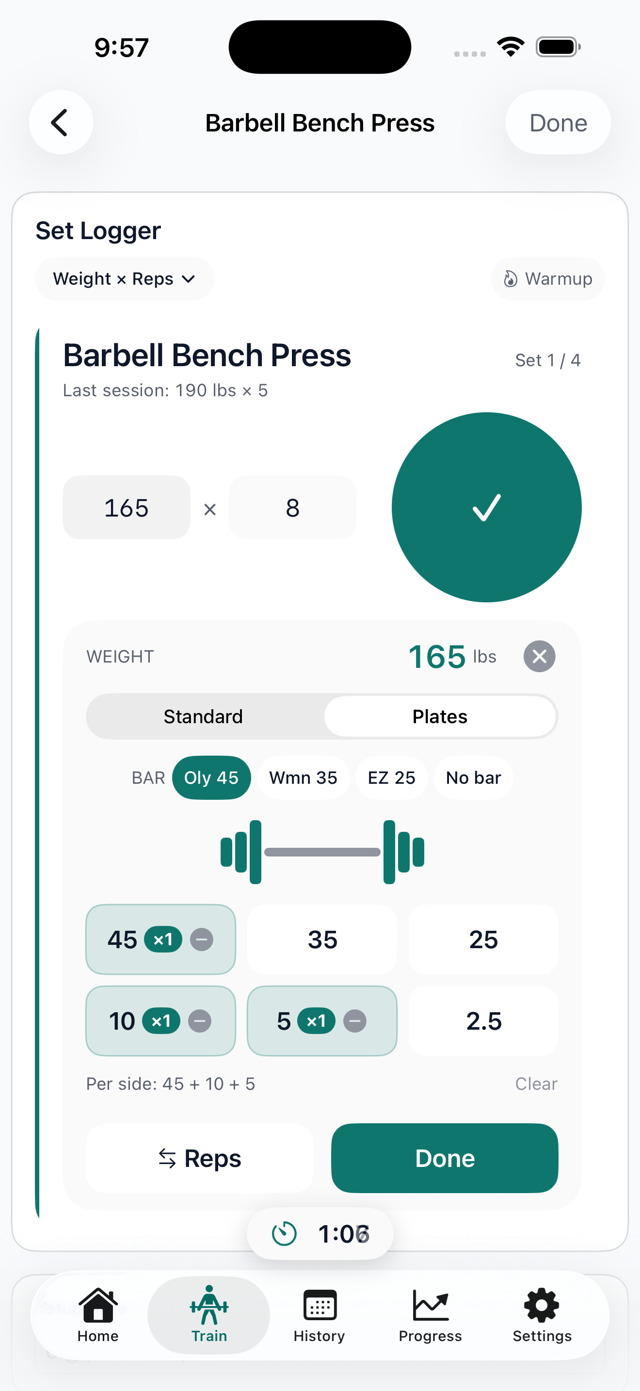 Set Detail — Set Logger with plate visualization and warm-up tag