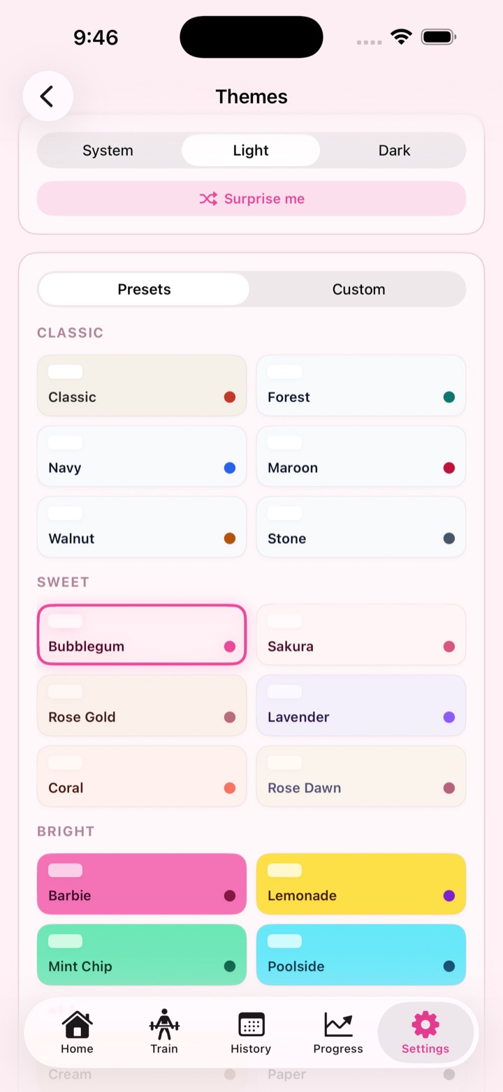 Settings Themes - preset catalog across Classic, Sweet, and Bright families