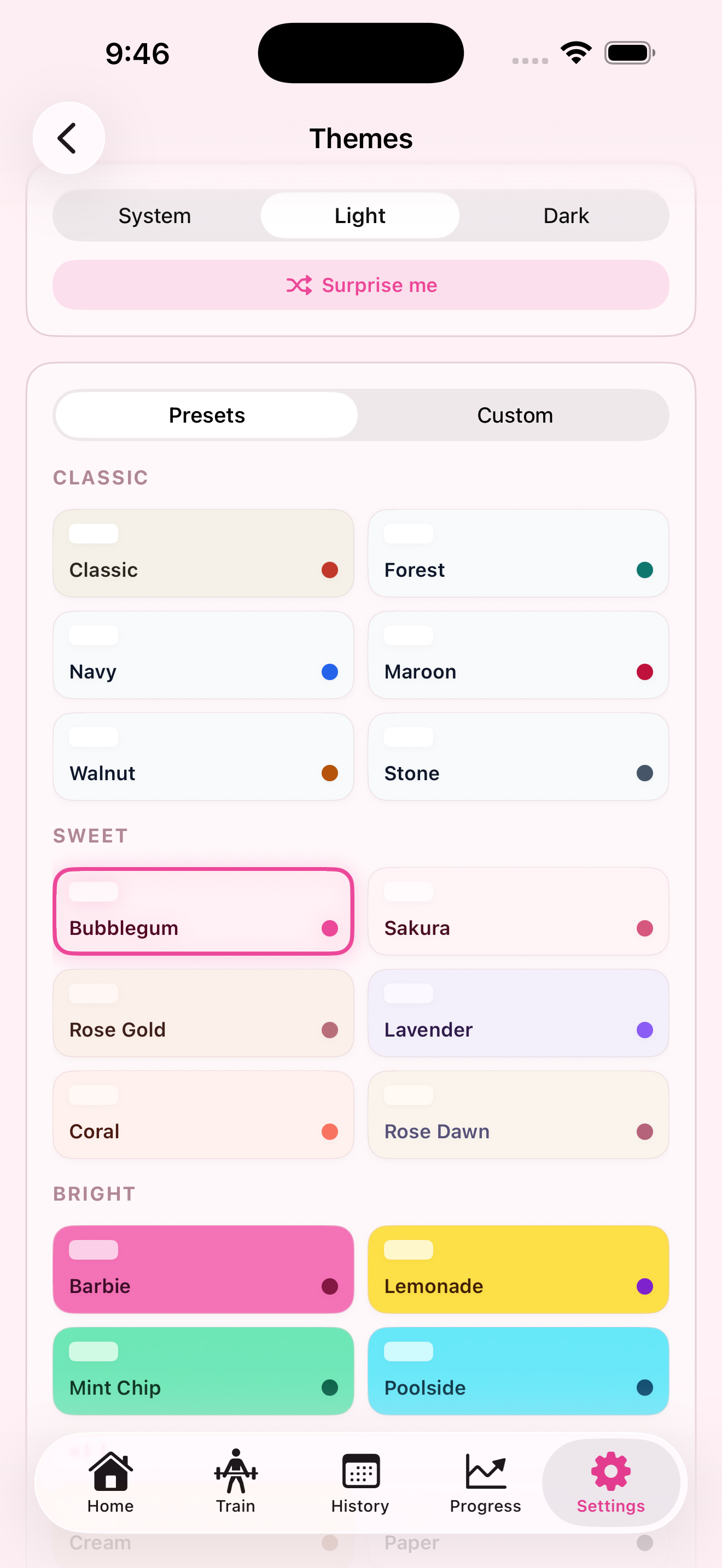 Settings Themes — preset catalog across Classic, Sweet, and Bright families