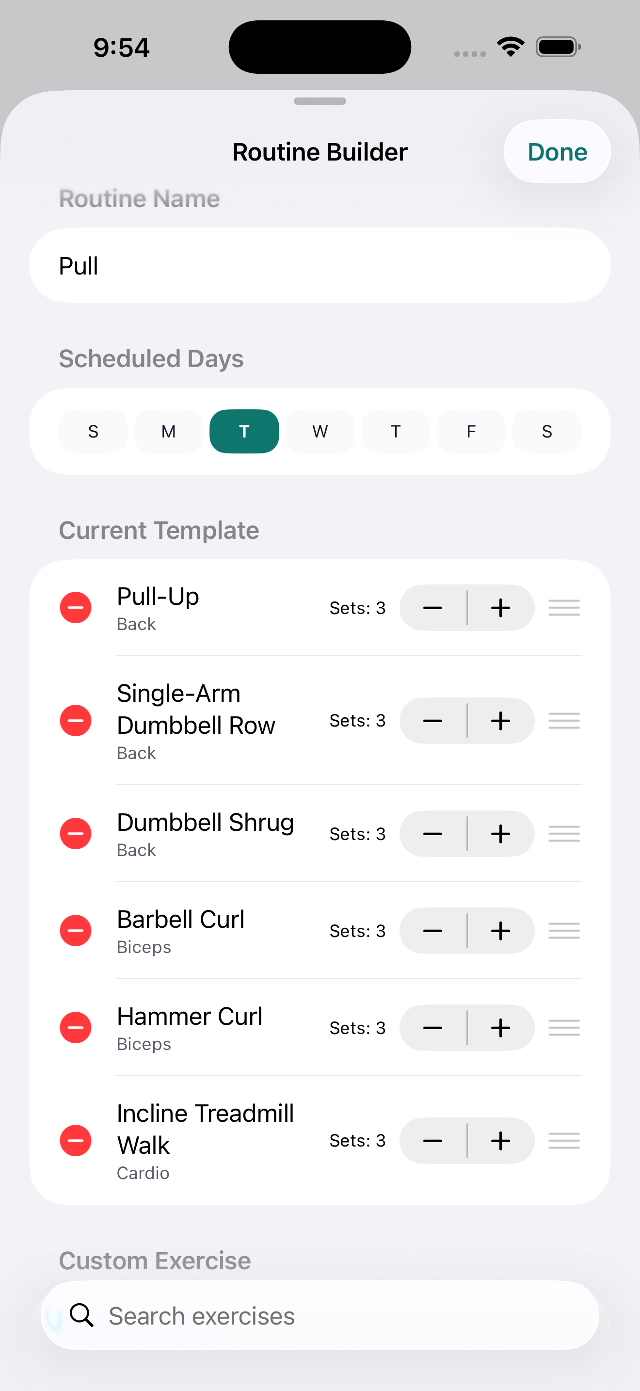 Split Editor — routines list with exercise counts