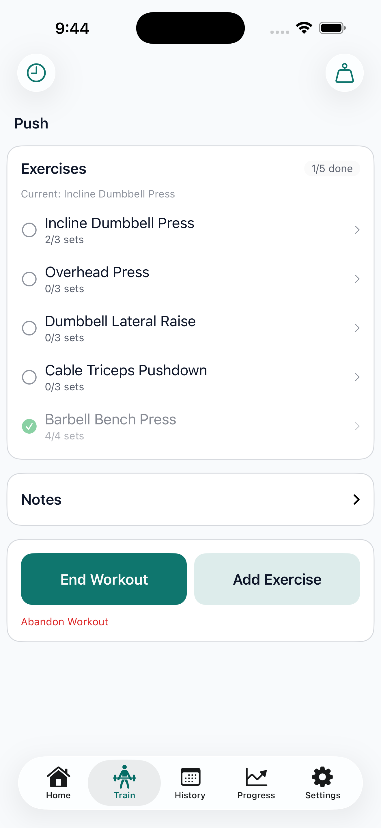 Workout Logger — live Push session with set progress